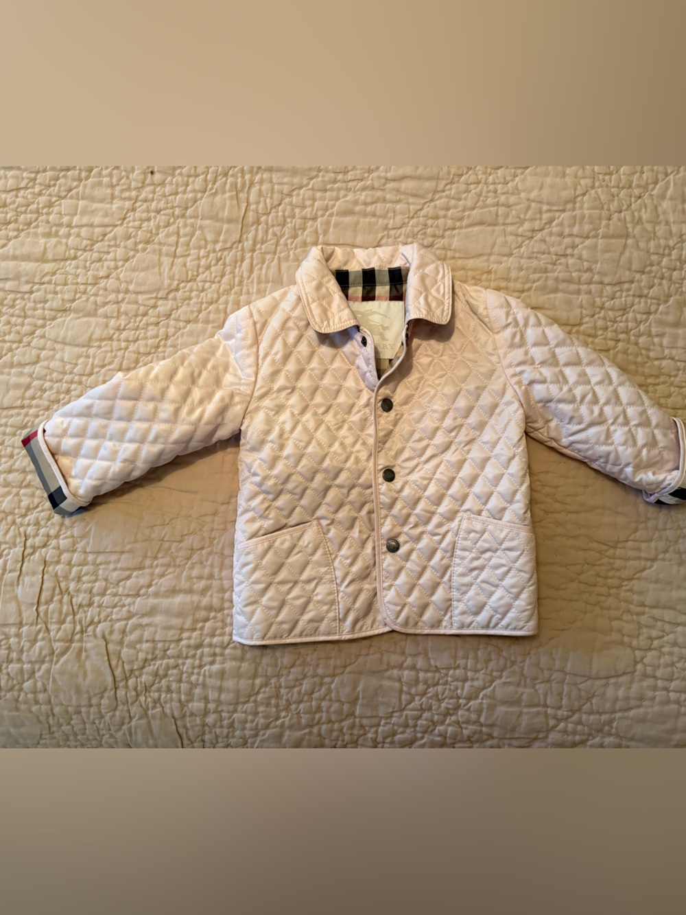 Burberry Pink Beige Quilted Toddler Jacket with Contrast Plaid Trim